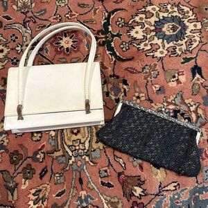 2 Vintage bags White Block Handbag and Metal Clasp Raffia Clutch